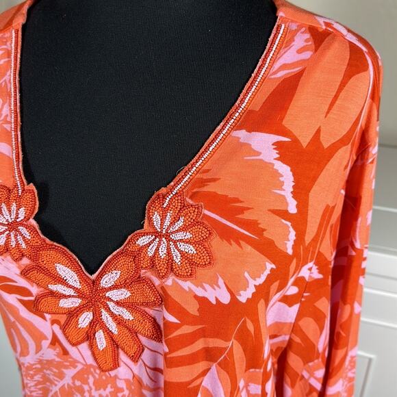 Soft Surroundings Del Rio Embellished Tunic Top Orange Pink Floral Size 2X - Picture 11 of 15